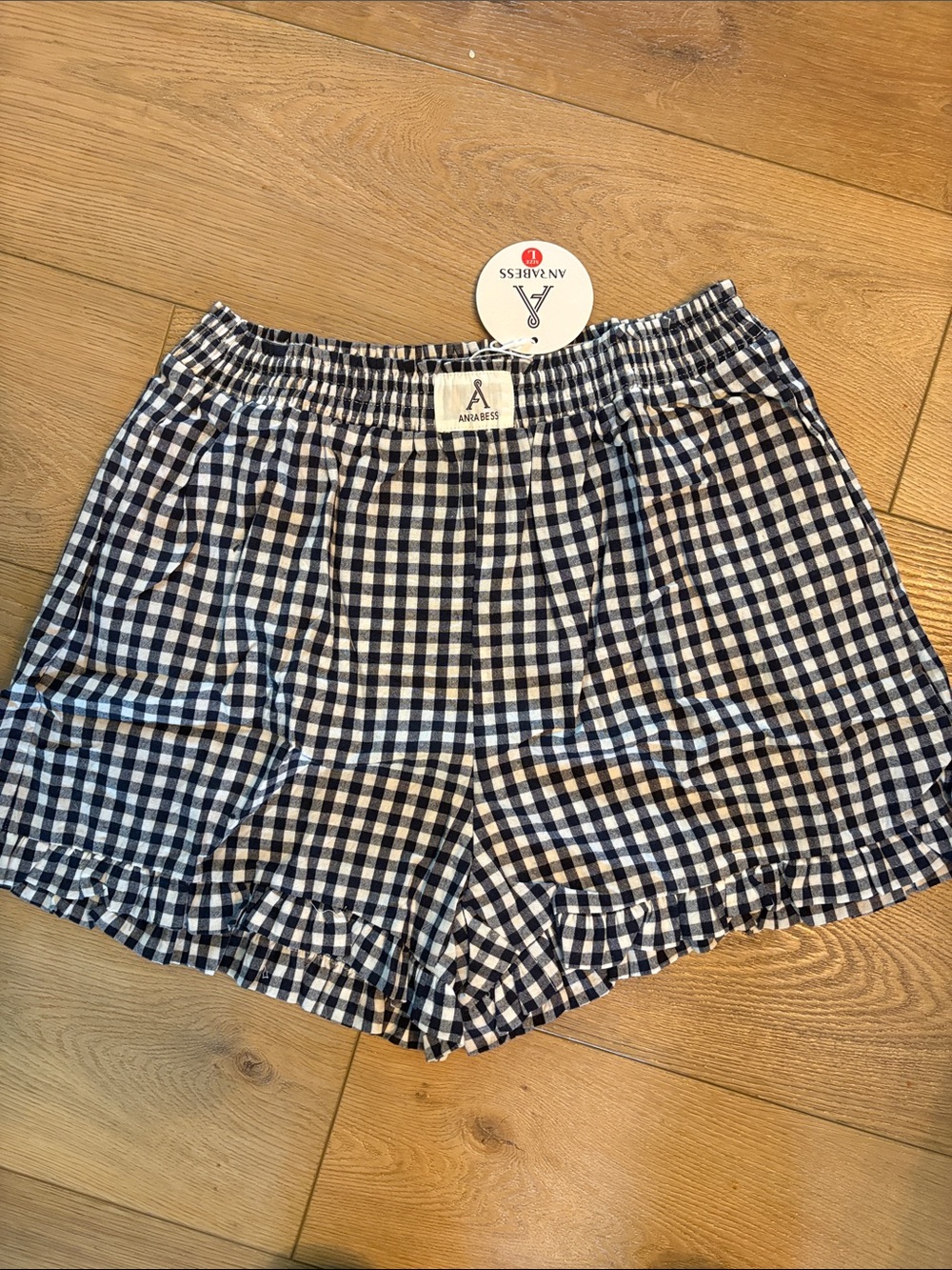 ANRABESS Navy & White Gingham Women's Elastic Waist Shorts
